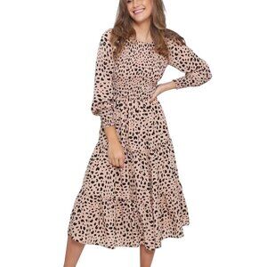Leoni Phoenix Dress Peach Cheetah Smocked Balloon Sieeve Midi Dress Size S